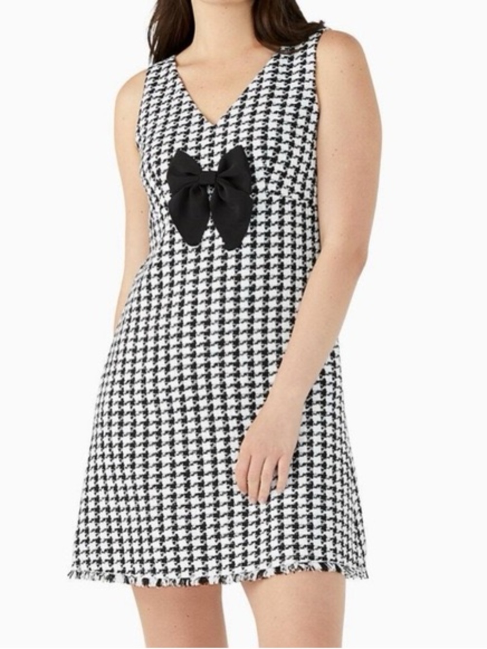 Kate Spade Black and White Houndstooth Tweed Bow Dress Size 2 NWT